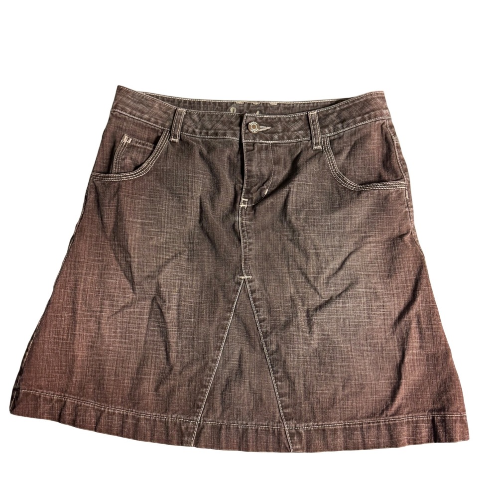 Boden Brown Denim Mini Skirt‎ Size 10R Cotton A-Line Contrast Stitch W0280